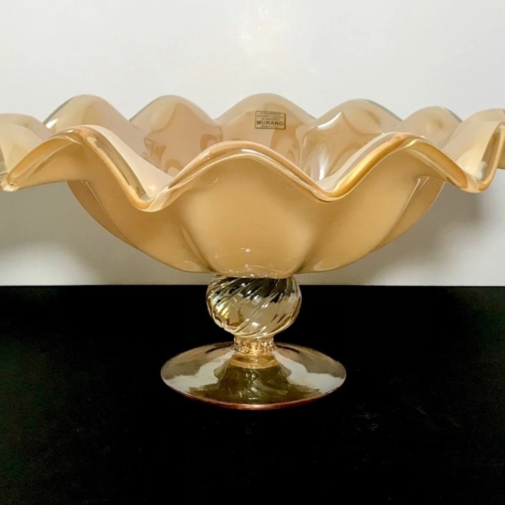 Murano Cream Glass Bowl with Swirled Pedestal